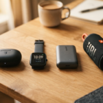 A realistic 16:9 flat lay photograph of a clean wooden desk setup featuring budget tech gadgets, including a black wireless charging case for earbuds, a minimalist smartwatch, a portable power bank, and a compact wireless speaker, alongside a ceramic coffee mug, a notebook with a pen, and a small potted succulent near a window with soft natural light.
