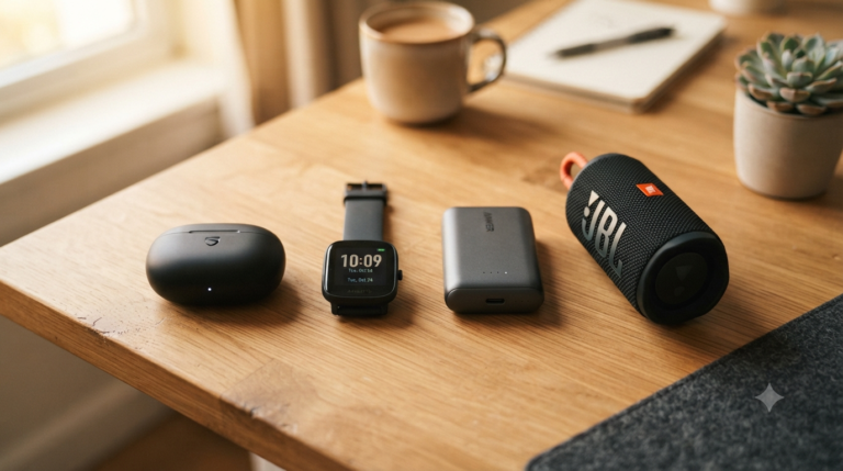A realistic 16:9 flat lay photograph of a clean wooden desk setup featuring budget tech gadgets, including a black wireless charging case for earbuds, a minimalist smartwatch, a portable power bank, and a compact wireless speaker, alongside a ceramic coffee mug, a notebook with a pen, and a small potted succulent near a window with soft natural light.