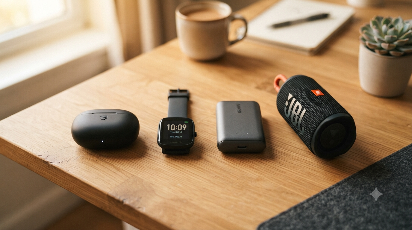 A realistic 16:9 flat lay photograph of a clean wooden desk setup featuring budget tech gadgets, including a black wireless charging case for earbuds, a minimalist smartwatch, a portable power bank, and a compact wireless speaker, alongside a ceramic coffee mug, a notebook with a pen, and a small potted succulent near a window with soft natural light.