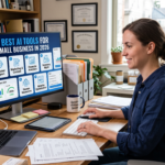 A female small business owner working at her desk, looking at a computer monitor displaying '7 Best AI Tools for Small Business in 2026' infographic
