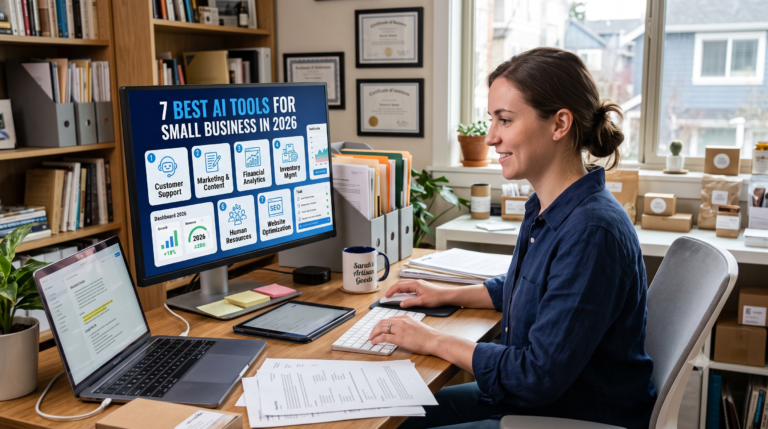 A female small business owner working at her desk, looking at a computer monitor displaying '7 Best AI Tools for Small Business in 2026' infographic