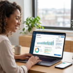 A woman managing her company's finances using the best AI accounting software for small businesses in 2026, featuring automated expense tracking and predictive financial dashboards.