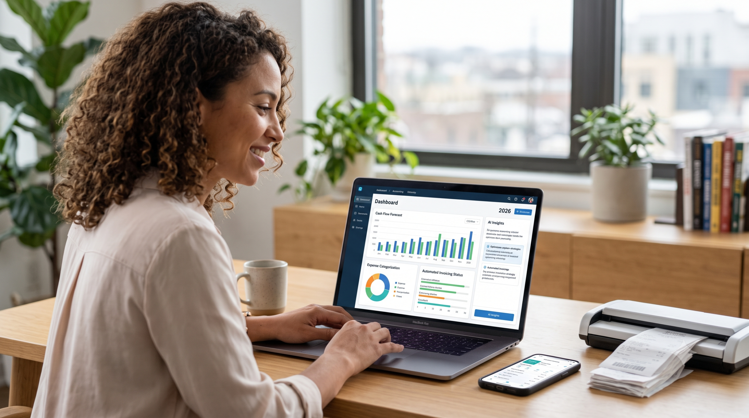 A woman managing her company's finances using the best AI accounting software for small businesses in 2026, featuring automated expense tracking and predictive financial dashboards.